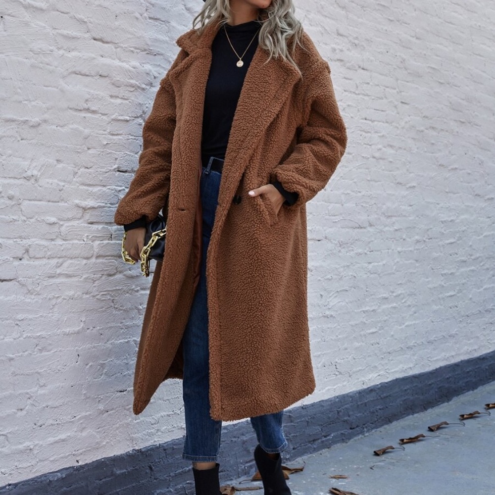 Brown mocha collar long teddy trench coat sherpa - Picture 3 of 6